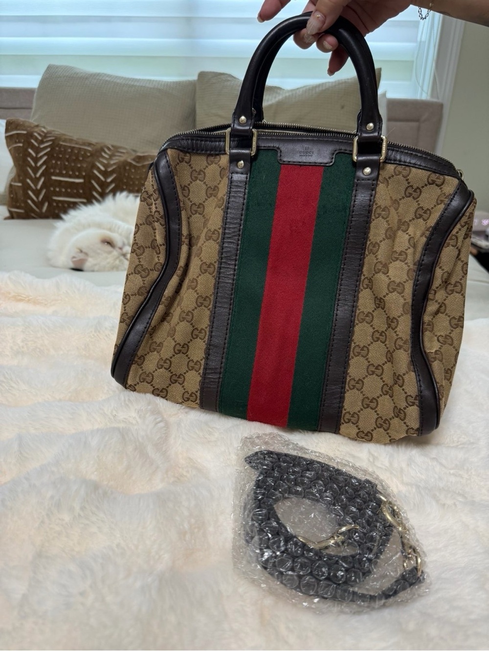 Gucci Boston bag Beige GG Canvas Shoulder Bag with Green and Red Web Stripe